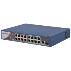   Hikvision DS-3E0318P-E/M (B) 18 portos PoE switch (130 W); 16 PoE + 1 SFP + 1 RJ45 uplink port; nem menedzselhető