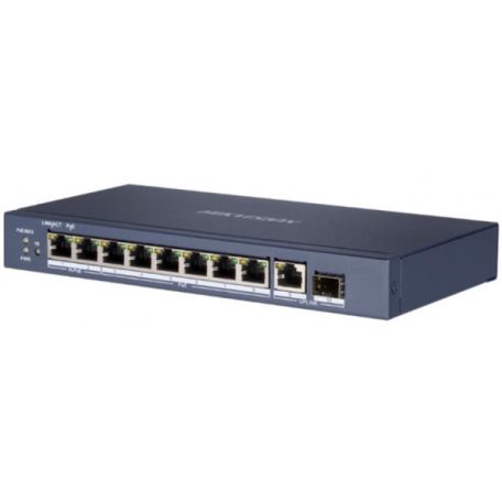 Hikvision DS-3E0510HP-E 10 portos Gbit PoE switch (110 W); 6 PoE+ / 2 HiPoE / 1 RJ45 + 1 SFP uplink port