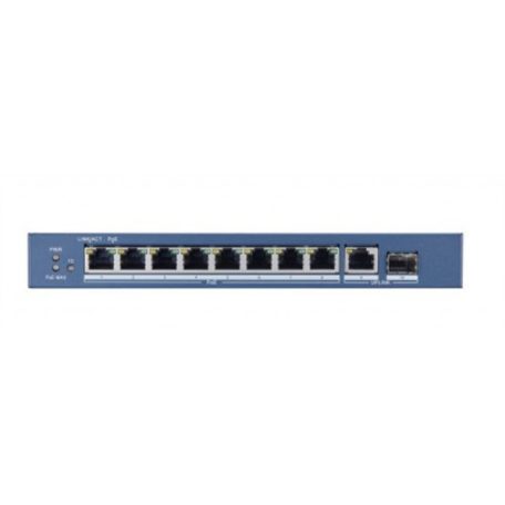 Hikvision DS-3E0510P-E 10 portos Gbit PoE switch (110 W); 8 PoE + 1 RJ45 + 1 SFP uplink port; nem menedzselhető