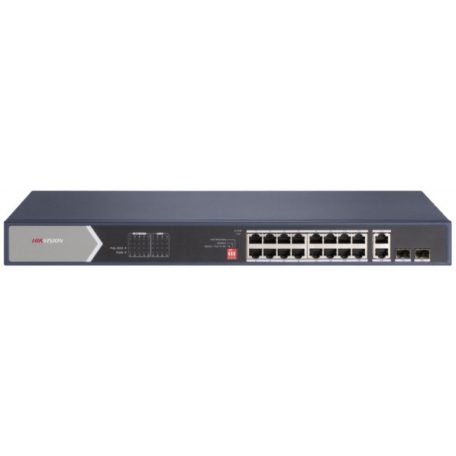 Hikvision DS-3E0520HP-E 20 portos Gbit PoE switch (225 W); 12 PoE+ / 4 HiPoE / 2 RJ45 + 2 SFP uplink port