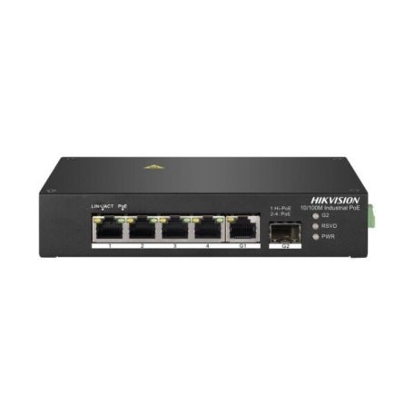 Hikvision DS-3T0306HP 6 portos ipari PoE switch (110 W); 4 PoE / 1 HiPoe+ / 1 RJ45 + 1 SFP uplink port; nem menedzselhető