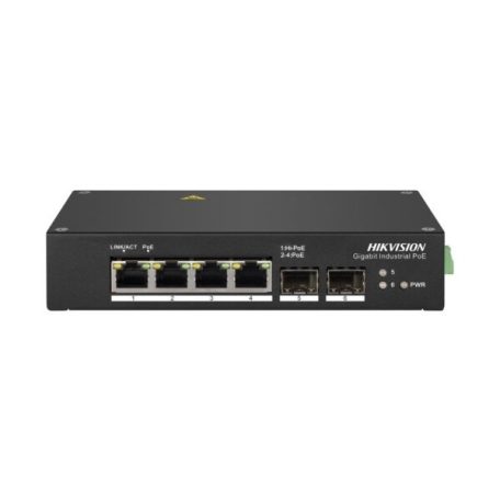 Hikvision DS-3T0506HP 6 portos ipari Gbit PoE switch (110 W); 3 PoE+ / 1 HiPoe+ / 2 SFP uplink port; nem menedzselhető