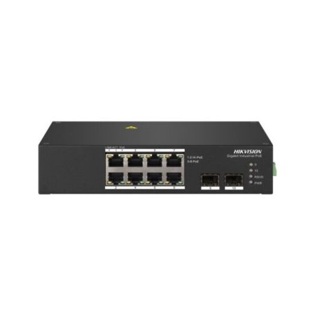 Hikvision DS-3T0510HP 10 portos ipari Gbit PoE switch (110 W); 8 PoE+ / 2 HiPoE+ / 2 SFP uplink port; nem menedzselhető