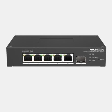 Hikvision DS-3T1306P-SI/HS 6 portos ipari 10/100 PoE switch (60 W); 4 PoE+ / 1 RJ45 + 1 SFP uplink port; menedzselhető