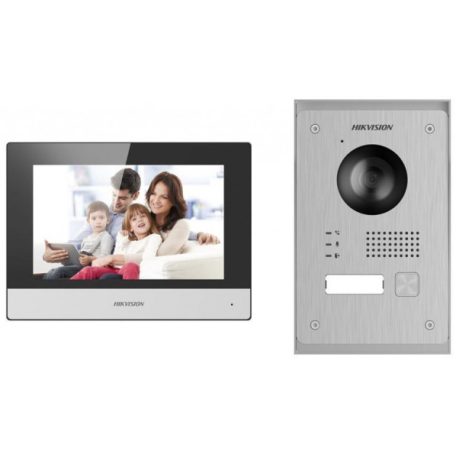 Hikvision DS-KIS703-P Kétvezetékes IP video-kaputelefon szett; kültéri és fekete beltéri egységgel; tápegységgel