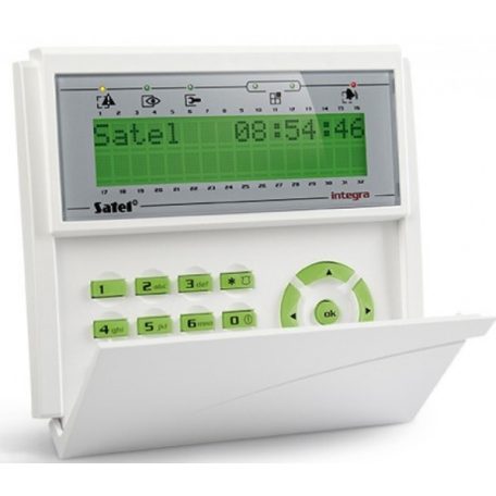 Satel INT-KLCD-GR LCD kezelő INTEGRA központokhoz; lenyíló billentyűzetvédővel; zöld háttérfény és kijelző