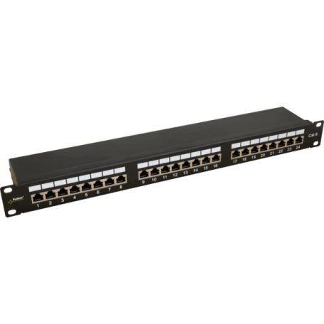 Pulsar RP-F24V6 19" patch panel; 24 port; cat6; árnyékolt; tehermentesítővel; 90 fokos modulok