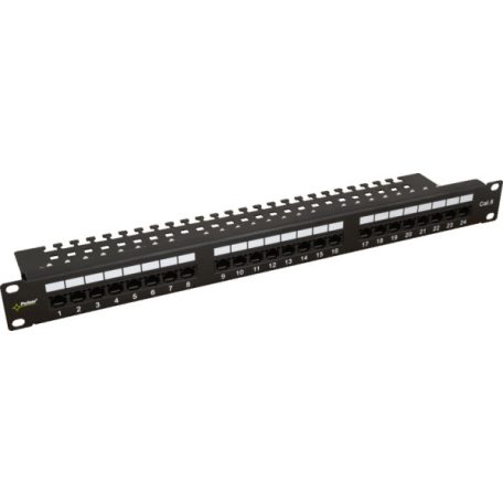 Pulsar RP-U24V6 19" patch panel; 24 port; cat6; árnyékolatlan; tehermentesítővel; 90 fokos modulok